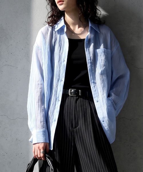 antiqua(アンティカ)の「シアー ワッシャー シャツ(シャツ/ブラウス・レディース・ブルー/ホワイト/ブラック・ONESIZE)」の3枚目の写真