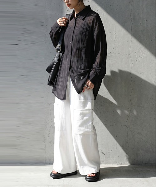 antiqua(アンティカ)の「シアー ワッシャー シャツ(シャツ/ブラウス・レディース・ブルー/ホワイト/ブラック・ONESIZE)」の8枚目の写真