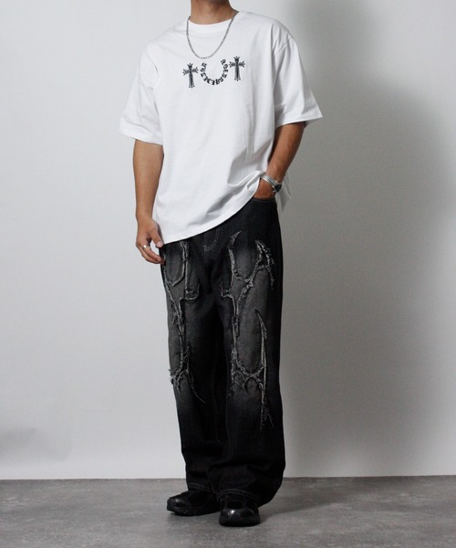 NYLAUS(ナイラス)の「【NYS】クロス 刺繍 オーバーサイズ 半袖Tシャツ ロゴTシャツ ロゴ刺繍(Tシャツ/カットソー・メンズ・ブラック/ホワイト・L/M)」の21枚目の写真