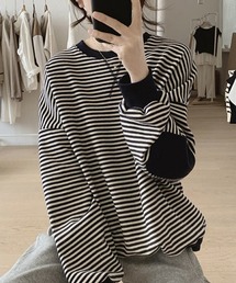 配色リブ切替ルーズボーダープルオーバー