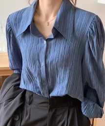 【秋冬】大人レディな縦シワ加工 楊柳シフォンブラウス パフスリーブシャツ 落ち感