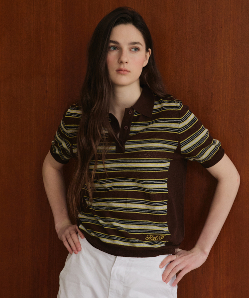 STUDIO&PARC(スタジオアンドパルク)の「Striped Collar Short Sleeve Knit_Brown(ニット/セーター・レディース・ブラウン・FREE)」の1枚目の写真