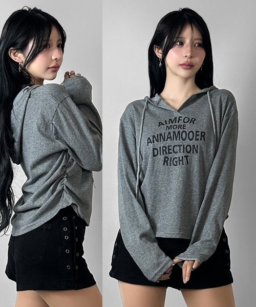 FOLLOWIN(フォロウィン)の「ロゴ ヘンリーネックシャーリングフーディロンT(Tシャツ/カットソー・レディース・ブラック/ホワイト/グレー・FREE)」の3枚目の写真