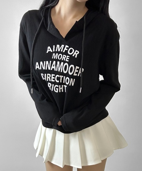 FOLLOWIN(フォロウィン)の「ロゴ ヘンリーネックシャーリングフーディロンT(Tシャツ/カットソー・レディース・ブラック/ホワイト/グレー・FREE)」の2枚目の写真