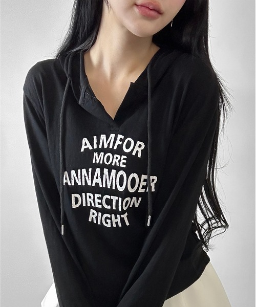 FOLLOWIN(フォロウィン)の「ロゴ ヘンリーネックシャーリングフーディロンT(Tシャツ/カットソー・レディース・ブラック/ホワイト/グレー・FREE)」の4枚目の写真