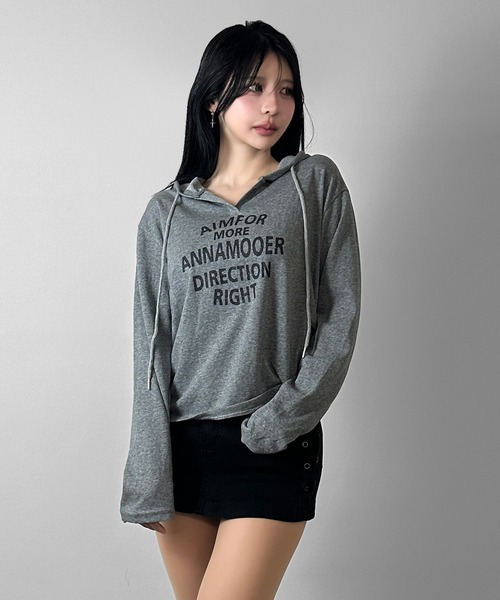 FOLLOWIN(フォロウィン)の「ロゴ ヘンリーネックシャーリングフーディロンT(Tシャツ/カットソー・レディース・ブラック/ホワイト/グレー・FREE)」の11枚目の写真