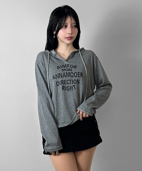 FOLLOWIN(フォロウィン)の「ロゴ ヘンリーネックシャーリングフーディロンT(Tシャツ/カットソー・レディース・ブラック/ホワイト/グレー・FREE)」の13枚目の写真