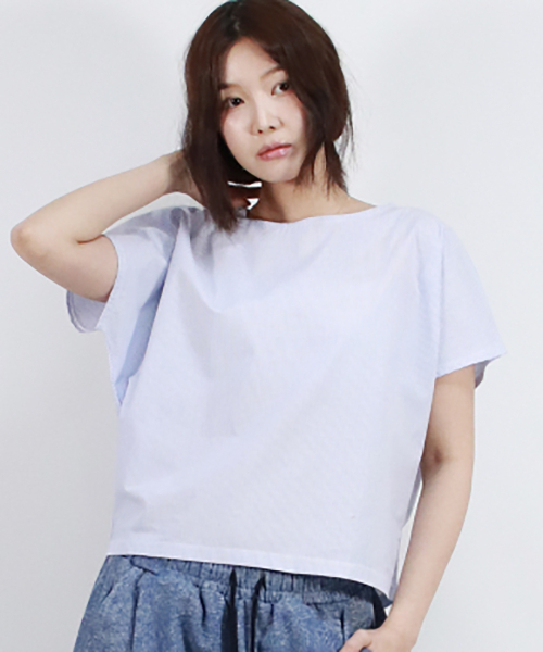 DEMARC(ドゥマーク)の「Stripe Mini French Short Sleeve Shirt Blue(Tシャツ/カットソー・レディース・ブルー・SMALL/MEDIUM)」の1枚目の写真