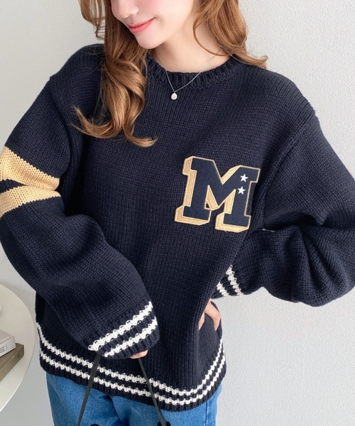 moment+(モーメントプラス)の「カレッジワッペンクルーネックニットプルオーバー(ニット/セーター・レディース・ボルドー/杢グレー/ネイビー/アイボリー・M)」の5枚目の写真