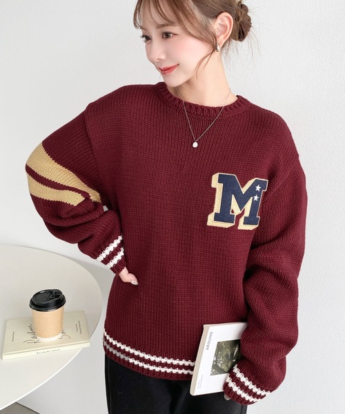 moment+(モーメントプラス)の「カレッジワッペンクルーネックニットプルオーバー(ニット/セーター・レディース・ボルドー/杢グレー/ネイビー/アイボリー・M)」の13枚目の写真