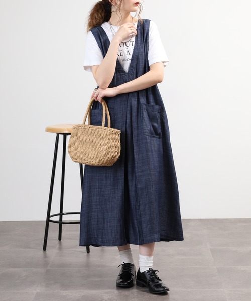 ubasoku ２ウェイ　ウバソクワンピース 美品 ubasoku リネンコットン 胸元ピンタックV衿2ウェイノースリワンピース
