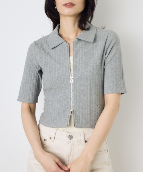 AZUL by moussy(アズールバイマウジー)の「【身長/骨格別着用画像あり】【WEB限定】ジップ5分袖リブカーディガン 春服 夏服 秋服 フルジップ サマーニットトップス(カーディガン/ボレロ・レディース・アイボリー/ブラック/ライトブルー/杢グレー・FREE)」の1枚目の写真
