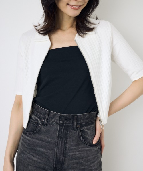 AZUL by moussy(アズールバイマウジー)の「【身長/骨格別着用画像あり】【WEB限定】ジップ5分袖リブカーディガン 春服 夏服 秋服 フルジップ サマーニットトップス(カーディガン/ボレロ・レディース・アイボリー/ブラック/ライトブルー/杢グレー・FREE)」の2枚目の写真