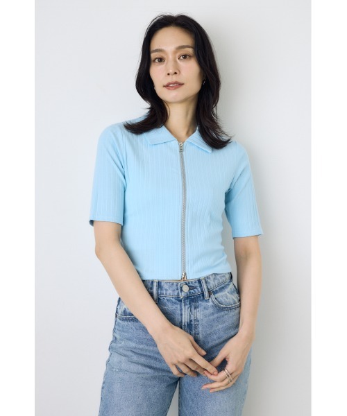 AZUL by moussy(アズールバイマウジー)の「【身長/骨格別着用画像あり】【WEB限定】ジップ5分袖リブカーディガン 春服 夏服 秋服 フルジップ サマーニットトップス(カーディガン/ボレロ・レディース・アイボリー/ブラック/ライトブルー/杢グレー・FREE)」の22枚目の写真