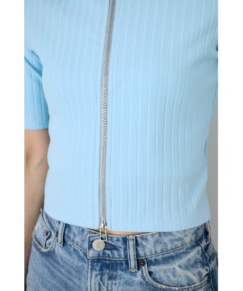 AZUL by moussy(アズールバイマウジー)の「【身長/骨格別着用画像あり】【WEB限定】ジップ5分袖リブカーディガン 春服 夏服 秋服 フルジップ サマーニットトップス(カーディガン/ボレロ・レディース・アイボリー/ブラック/ライトブルー/杢グレー・FREE)」の15枚目の写真
