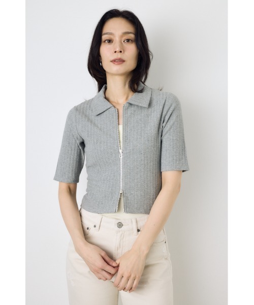 AZUL by moussy(アズールバイマウジー)の「【身長/骨格別着用画像あり】【WEB限定】ジップ5分袖リブカーディガン 春服 夏服 秋服 フルジップ サマーニットトップス(カーディガン/ボレロ・レディース・アイボリー/ブラック/ライトブルー/杢グレー・FREE)」の13枚目の写真