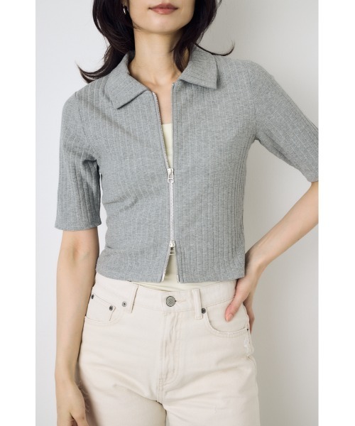 AZUL by moussy(アズールバイマウジー)の「【身長/骨格別着用画像あり】【WEB限定】ジップ5分袖リブカーディガン 春服 夏服 秋服 フルジップ サマーニットトップス(カーディガン/ボレロ・レディース・アイボリー/ブラック/ライトブルー/杢グレー・FREE)」の12枚目の写真
