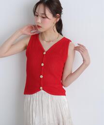 ◆〈MFM〉エンブレムボタン変形Vネックノースリニット