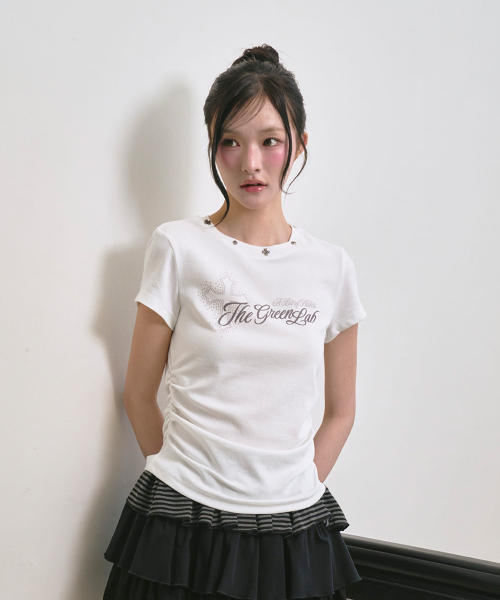 THE GREEN LAB（ザグリーンラボ）の「スタッズグラフィックシャーリング半袖Tシャツ[ホワイト]（Tシャツ/カットソー・レディース・その他・FREE）」の6枚目の写真