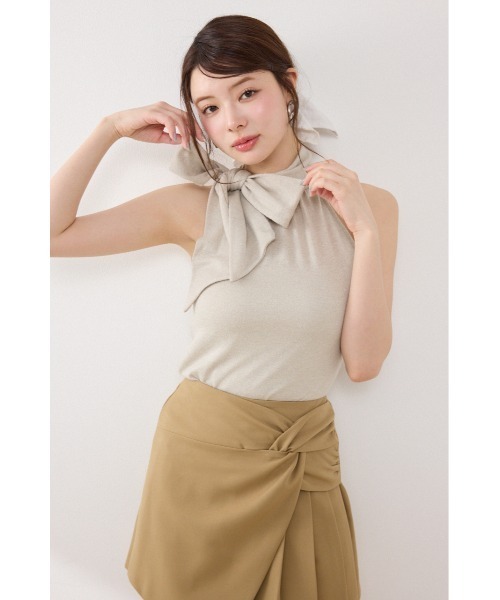 rienda（リエンダ）の「ラメフライスリボンネックトップス 夏服（Tシャツ/カットソー・レディース・ブラック/ベージュ/ピンク・FREE）」の3枚目の写真