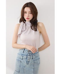 ラメフライスリボンネックトップス 夏服