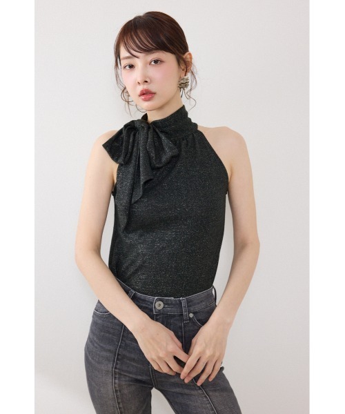 rienda（リエンダ）の「ラメフライスリボンネックトップス 夏服（Tシャツ/カットソー・レディース・ブラック/ベージュ/ピンク・FREE）」の2枚目の写真