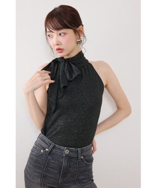 rienda（リエンダ）の「ラメフライスリボンネックトップス 夏服（Tシャツ/カットソー・レディース・ブラック/ベージュ/ピンク・FREE）」の5枚目の写真