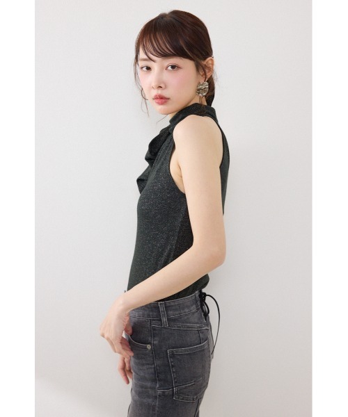 rienda（リエンダ）の「ラメフライスリボンネックトップス 夏服（Tシャツ/カットソー・レディース・ブラック/ベージュ/ピンク・FREE）」の6枚目の写真