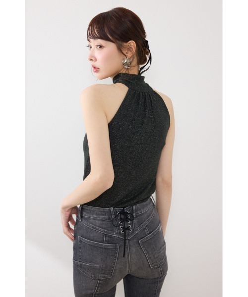 rienda（リエンダ）の「ラメフライスリボンネックトップス 夏服（Tシャツ/カットソー・レディース・ブラック/ベージュ/ピンク・FREE）」の7枚目の写真