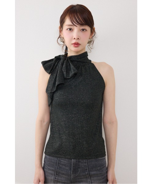 rienda（リエンダ）の「ラメフライスリボンネックトップス 夏服（Tシャツ/カットソー・レディース・ブラック/ベージュ/ピンク・FREE）」の8枚目の写真