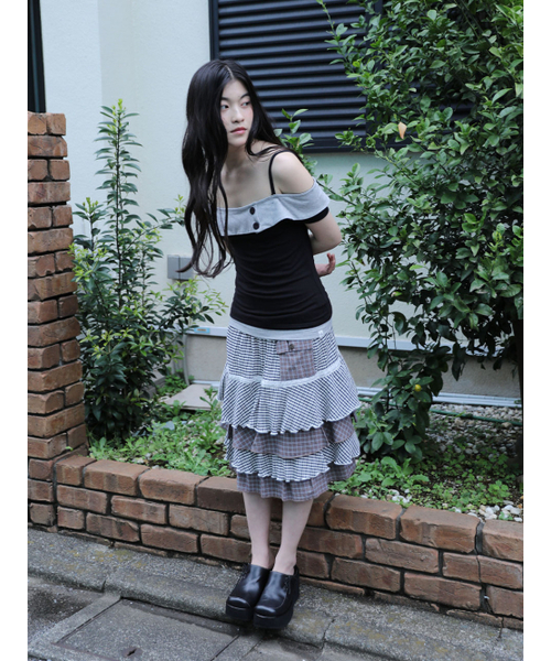 UGLY SHADOW(アグリーシャドウ)の「CANCAN CHECKERED MIX SKIRT(NAVY)(スカート・レディース・その他・FREE)」の2枚目の写真
