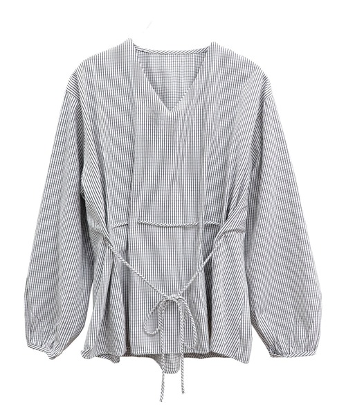 ISOOK(アイスー)の「ウエストリボンVネックチェックブラウス(chiica select) / チュニック 長袖 ペプラム シャツ(シャツ/ブラウス・レディース・ホワイト・FREE)」の8枚目の写真