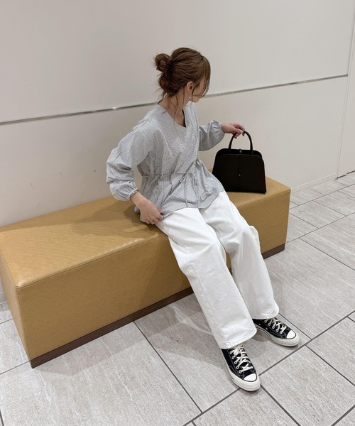ISOOK(アイスー)の「ウエストリボンVネックチェックブラウス(chiica select) / チュニック 長袖 ペプラム シャツ(シャツ/ブラウス・レディース・ホワイト・FREE)」の6枚目の写真