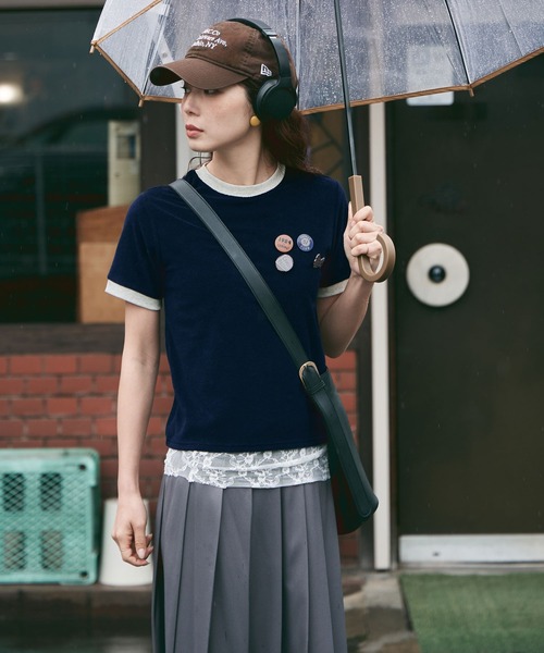 etoll.(エトル)の「パイル地リンガーネックTシャツ(Tシャツ/カットソー・レディース・ネイビー/オートミール/グリーン/ピンク/ブルー・M)」の3枚目の写真