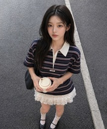【GENERAL IDEA】ストライプルーズカラーハーフニット / STRIPED LOOSE COLLAR HALF-SLEEVE KNIT
