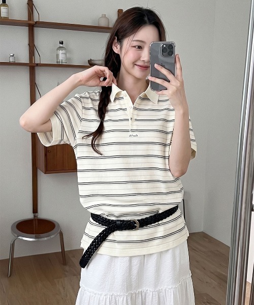 GENERAL IDEA(ジェネラルアイデア)の「【GENERAL IDEA】ストライプルーズカラーハーフニット / STRIPED LOOSE COLLAR HALF-SLEEVE KNIT(ポロシャツ・レディース・レモンイエロー/クリーム/ネイビー・L/M/S)」の2枚目の写真