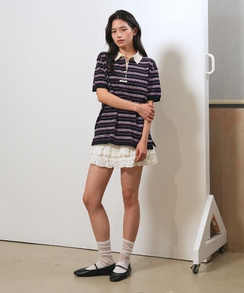 GENERAL IDEA(ジェネラルアイデア)の「【GENERAL IDEA】ストライプルーズカラーハーフニット / STRIPED LOOSE COLLAR HALF-SLEEVE KNIT(ポロシャツ・レディース・レモンイエロー/クリーム/ネイビー・L/M/S)」の11枚目の写真