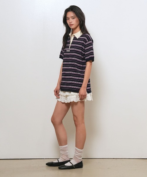 GENERAL IDEA(ジェネラルアイデア)の「【GENERAL IDEA】ストライプルーズカラーハーフニット / STRIPED LOOSE COLLAR HALF-SLEEVE KNIT(ポロシャツ・レディース・レモンイエロー/クリーム/ネイビー・L/M/S)」の12枚目の写真