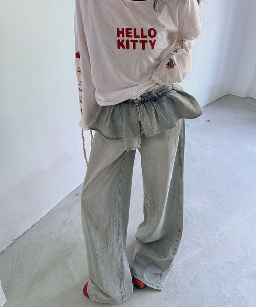 meJane(ミージェーン)の「フリルドッキング ワイドデニムパンツ(デニムパンツ・レディース・ブルー・L/M/S)」の2枚目の写真