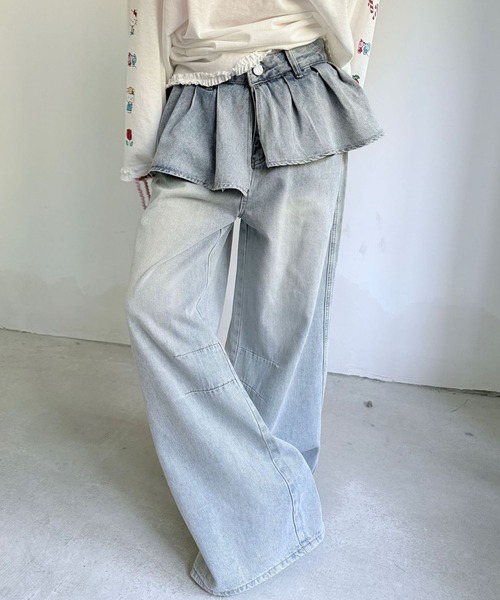 meJane(ミージェーン)の「フリルドッキング ワイドデニムパンツ(デニムパンツ・レディース・ブルー・L/M/S)」の7枚目の写真