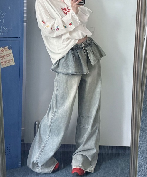 meJane(ミージェーン)の「フリルドッキング ワイドデニムパンツ(デニムパンツ・レディース・ブルー・L/M/S)」の8枚目の写真