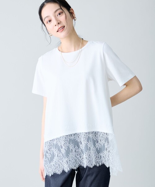ANY(エニィ)の「レースコンビフレアーカットソー(Tシャツ/カットソー・レディース・ブラック系/ホワイト系/ダークブラウン系・X-LARGE)」の1枚目の写真