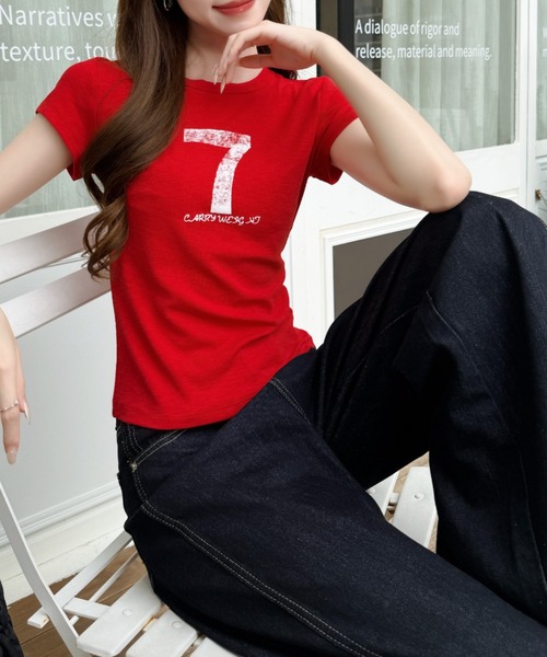 Ada.（エイダ）の「ナンバー プリント スポーティー タイト シルエットTシャツ（Tシャツ/カットソー・レディース・ネイビー/グレー/ホワイト/レッド・FREE）」の22枚目の写真