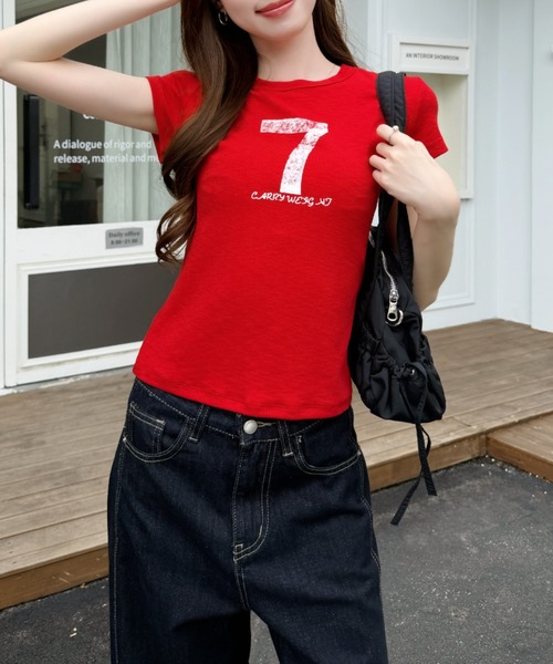 Ada.（エイダ）の「ナンバー プリント スポーティー タイト シルエットTシャツ（Tシャツ/カットソー・レディース・ネイビー/グレー/ホワイト/レッド・FREE）」の19枚目の写真