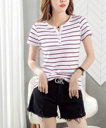 ボーダーTシャツ レディース 半袖 ヘンリーネック 細見え カットソー