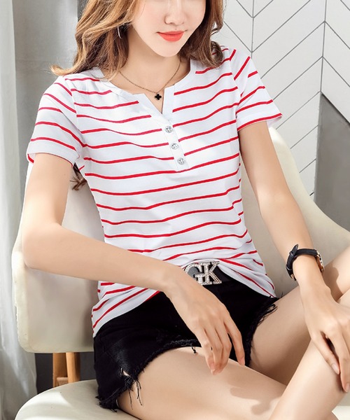 2ly2(トゥーリートゥー)の「ボーダーTシャツ レディース 半袖 ヘンリーネック 細見え カットソー(Tシャツ/カットソー・レディース・ホワイト/グレー/レッド/ブラウン/ネイビー・FREE)」の20枚目の写真