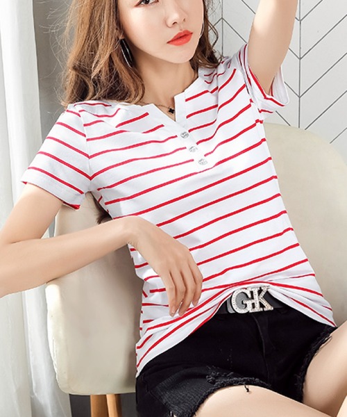 2ly2(トゥーリートゥー)の「ボーダーTシャツ レディース 半袖 ヘンリーネック 細見え カットソー(Tシャツ/カットソー・レディース・ホワイト/グレー/レッド/ブラウン/ネイビー・FREE)」の18枚目の写真