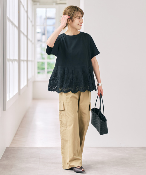 Spick & Span(スピックアンドスパン)の「《一部店舗+WEB限定》カットワークレースペプラムTシャツ(Tシャツ/カットソー・レディース・ブラック/ホワイト・FREE)」の4枚目の写真