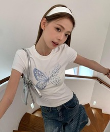 バタフライグラフィックプリントコンパクトチビTシャツ