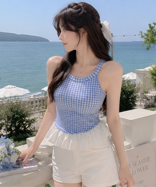 Nia（ニア）の「Nia(ニア)/【カップ付き】バルーンヘムギンガムチェックトップス（Tシャツ/カットソー・レディース・レッド/ブルー/ブラック・FREE）」の14枚目の写真